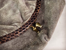 Load image into Gallery viewer, 1960’s vintage RUTH SALTZ Fold Over Clutch Purse Evening Bag Black Suede Leather Reptile Trim