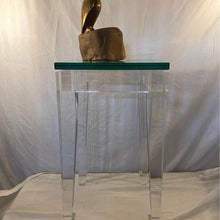 Load image into Gallery viewer, Designer lucite side table with 3/4” thick glass top. Immaculate