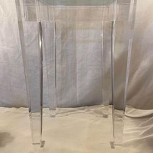 Load image into Gallery viewer, Designer lucite side table with 3/4” thick glass top. Immaculate
