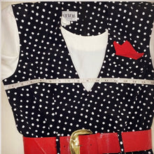 Load image into Gallery viewer, 1980’s 50's style Rockabily R.J Stevens Black and White Polka Dot Midi Dress with Red Belt size 4.