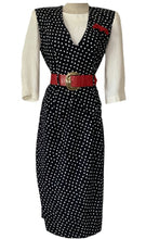 Load image into Gallery viewer, 1980’s 50's style Rockabily R.J Stevens Black and White Polka Dot Midi Dress with Red Belt size 4.