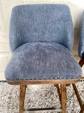 Load image into Gallery viewer, A pair of gorgeous swivel barstools upholstered/ studded with wood/chrome bases