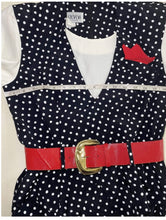 Load image into Gallery viewer, 1980’s 50's style Rockabily R.J Stevens Black and White Polka Dot Midi Dress with Red Belt size 4.