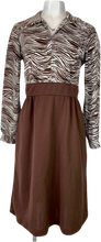 Load image into Gallery viewer, 1970’s Vintage Designer brown and white zebra/fingerprint design bodice shirt midi dress.