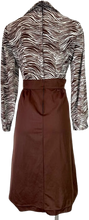 Load image into Gallery viewer, 1970’s Vintage Designer brown and white zebra/fingerprint design bodice shirt midi dress.