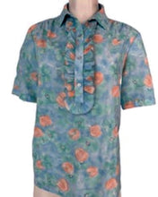 Load image into Gallery viewer, 1970’s Pykettes short sleeve ruffle and button floral lightweight blouse in immaculate condition.
