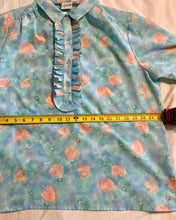 Load image into Gallery viewer, 1970’s Pykettes short sleeve ruffle and button floral lightweight blouse in immaculate condition.
