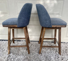 Load image into Gallery viewer, A pair of gorgeous swivel barstools upholstered/ studded with wood/chrome bases
